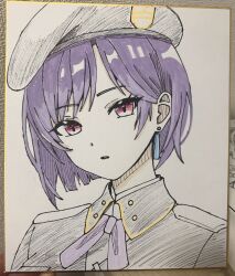  commentary_request earrings hat heaven_burns_red highres jewelry kanikure12 military_hat military_uniform open_mouth partially_colored purple_hair red_eyes short_hair single_earring sketch tezuka_saki upper_body 