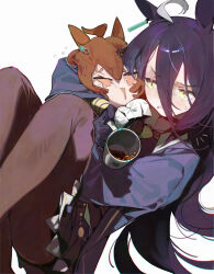  1girl agnes_tachyon_(tach-nology)_(umamusume) agnes_tachyon_(umamusume) ahoge anger_vein animal_ears black_coat black_gloves black_hair black_pantyhose black_shirt black_skirt blush brown_hair character_doll coat coffee coffee_mug collared_shirt cup doll ear_tag earrings gloves hair_between_eyes highres holding holding_cup holding_doll horse_ears horse_girl horse_tail jewelry lab_coat long_bangs long_hair long_hair_between_eyes long_sleeves manhattan_cafe_(creeping_shadow)_(umamusume) manhattan_cafe_(umamusume) mug multicolored_hair necktie pantyhose parted_lips raneblu shirt single_earring skirt tail umamusume white_hair yellow_eyes yellow_necktie 