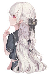  1girl black_sailor_collar black_shirt black_skirt blue_nails blush bow braid commentary_request earrings finger_to_own_chin floral_print from_behind hair_bow half_up_braid ito_lab jewelry long_hair looking_at_viewer midriff_peek multiple_braids original parted_lips pleated_skirt red_eyes sailor_collar school_uniform shirt short_sleeves simple_background skirt solo very_long_hair wavy_hair white_background white_hair 