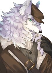  1boy animal_ears brown_hat brown_jacket claws commentary_request fate/grand_order fate_(series) fingerless_gloves fur-trimmed_jacket fur_trim furry furry_male gloves grey_fur grey_hair hat highres jacket looking_at_viewer male_focus origami367 patxi_(fate) white_background wolf_boy wolf_ears 