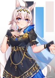  1girl ahoge animal_ears black_dress black_wrist_cuffs blue_eyes blush breasts burning_as_one_(umamusume) closed_mouth commentary_request dress ear_ornament grey_hair grey_tail hair_between_eyes hair_ornament hairband hand_on_own_chest highres horse_ears horse_girl horse_tail long_hair medium_breasts multicolored_hair oguri_cap_(umamusume) short_sleeves smile solo tail umamusume wrist_cuffs yuikasin 