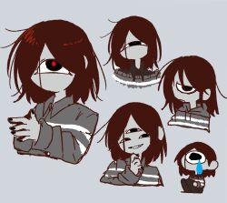  1other brown_hair colored_skin commentary cyclops deltarune double_horizontal_stripe extra_eyes grey_background grey_skin grey_sweater highres hood hoodie looking_at_viewer messy_hair no_mouth one-eyed own_hands_together red_pupils shirt_under_shirt smile striped_clothes striped_sweater sweater t_hanada_444 teardrop untranslatable_commentary utdr_(toby_fox) vessel_(deltarune) 