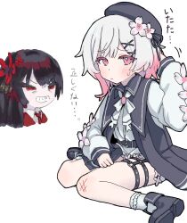  2girls belt beret black_choker black_coat black_hair black_hat black_shoes bruise center_frills choker closed_mouth coat collared_coat collared_shirt commentary crown flower flower-trimmed_shorts flower-trimmed_sleeves frilled_socks frills gradient_hair hair_flower hair_ornament hat hat_flower hat_ribbon injury long_hair long_sleeves looking_at_viewer mahou_shoujo_no_majo_saiban mini_crown multicolored_hair multiple_girls neck_ribbon necktie nikaido_hiro o-ring o-ring_thigh_strap pants pink_eyes pink_hair ponporu red_eyes red_flower red_necktie ribbon sakuraba_ema shirt shoes short_hair shorts simple_background sitting sleeveless sleeveless_coat socks thigh_strap translation_request untranslatable_commentary wariza white_background white_flower white_hair white_pants white_ribbon white_shirt white_shorts white_sleeves white_socks x_hair_ornament 