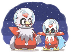  :d bird blush cosmicspacekai delibird eye_contact fishbowl_helmet iron_bundle looking_at_another night no_humans outdoors pokemon pokemon_(creature) pokemon_focus pokemon_scarlet_and_violet smile snowing standing 