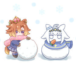  1girl ahoge animal_ears blue_coat blue_scarf brown_mittens carrot character_snowman coat crown grey_hair hair_between_eyes horse_ears horse_girl horse_tail long_sleeves mini_crown mittens mokuroo oguri_cap_(umamusume) orange_hair pink_crown pink_scarf purple_skirt purple_thighhighs scarf short_hair skirt snow snowball snowman solo t.m._opera_o_(umamusume) tail thigh-highs tracen_winter_coat umamusume violet_eyes winter_clothes winter_coat winter_uniform 