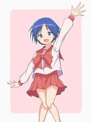  1girl :d arm_up blue_eyes blue_hair border bow bowtie dot_nose feet_out_of_frame highres knees_together_feet_apart long_sleeves looking_at_viewer matsubara_aoi miniskirt open_mouth outside_border outstretched_arm parted_bangs pink_background pleated_skirt red_bow red_bowtie red_sailor_collar red_skirt sailor_collar school_uniform serafuku short_hair simple_background skirt smile solo tanuki_noyama to_heart to_heart_(series) white_border 