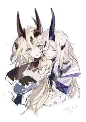  2girls absurdres arknights black_shirt blonde_hair blue_eyes blush bodystocking chinese_commentary closed_eyes commentary_request dated dragon_girl dragon_horns dress flower hair_flower hair_ornament highres horns hug hug_from_behind incest jacket long_hair long_sleeves multiple_girls open_clothes open_jacket open_mouth qingzhengluyu45164 reed_(arknights) reed_the_flame_shadow_(arknights) shirt siblings simple_background sisters sketch smile upper_body white_background white_dress white_flower white_jacket yuri 