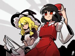  2girls apron ascot black_dress blonde_hair bow braid brown_hair closed_mouth commentary_request detached_sleeves dress embodiment_of_scarlet_devil eyes_visible_through_hair gohei hair_bow hair_tubes hakurei_reimu hat hat_bow highres holding holding_gohei iganashi1 kirisame_marisa long_hair looking_at_viewer multiple_girls official_alternate_costume red_ascot red_bow red_eyes red_skirt ribbon-trimmed_sleeves ribbon_trim side_braid single_braid skirt skirt_set smile touhou white_apron white_bow witch_hat yellow_eyes zun_pose 