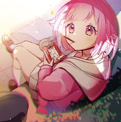  1girl bob_cut commentary_request food food_in_mouth from_above highres holding holding_food holding_pocky hood hood_down hooded_jacket jacket kneehighs long_sleeves looking_at_viewer miyamasuzaka_girls'_academy_school_uniform momomo_(m0_3) mouth_hold ootori_emu pink_eyes pink_hair pocky pocky_in_mouth project_sekai school_uniform shoes sitting skirt socks solo star_(symbol) white_socks 
