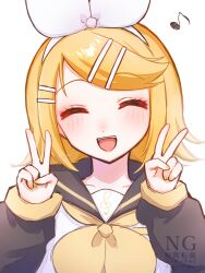  1girl black_sailor_collar black_sleeves blonde_hair bow closed_eyes commentary detached_sleeves double_v hair_bow hair_ornament hairclip highres kagamine_rin moku_karen neckerchief open_mouth parallel_hairclips sailor_collar shirt short_hair simple_background sleeveless sleeveless_shirt teeth treble_clef untranslatable_commentary upper_body upper_teeth_only v vocaloid white_background white_bow white_shirt yellow_nails yellow_neckerchief yellow_trim 
