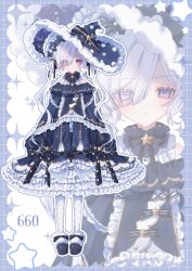  1girl alternate_costume bare_shoulders black_bow black_bowtie black_shoes blue_dress bow bowtie capelet choker closed_mouth commentary dress dress_bow frilled_capelet frilled_choker frilled_dress frilled_hat frilled_sleeves frills full_body gothic_lolita hair_over_one_eye hair_ribbon hat highres jewelry lolita_fashion long_hair long_sleeves looking_at_viewer magical_girl mahou_shoujo_no_majo_saiban natsume_an-an off-shoulder_dress off_shoulder pantyhose polka_dot polka_dot_bow polka_dot_hat ribbon shoes sleeve_bow sleeves_past_fingers sleeves_past_wrists solo standing straight-on un_(prmc_aaa) violet_eyes white_hair white_pantyhose wide_sleeves witch witch_hat zoom_layer 