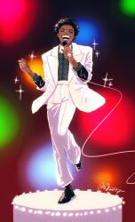  1boy 63ssmy black_hair closed_eyes dark-skinned_male dark_skin full_body highres holding holding_microphone jacket male_focus michael_jackson microphone open_mouth pants real_life short_hair singing smile solo sparkle white_jacket white_pants 