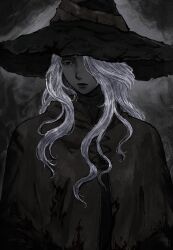  1girl absurdres black_dress black_eyes black_lips black_robe closed_mouth colored_eyelashes colored_skin commentary cross-laced_clothes dress elden_ring elden_ring_nightreign grey_background grey_skin hair_over_one_eye half_updo hat highres large_hat long_hair official_alternate_costume recluse_(elden_ring) robe solo tareeyee untranslatable_commentary upper_body white_eyelashes white_hair witch witch_hat 