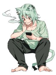  1girl animal_ear_fluff animal_ears barefoot brown_eyes cat_ears cat_girl cat_tail cellphone cigarette collarbone green_hair holding holding_cigarette horienn0909 phone shirt short_hair short_sleeves simple_background smartphone smile smoke smoke_trail solo tail white_background yani_neko yani_neko_(yani_neko) 