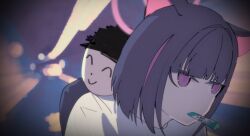  1boy 1girl animal_ears black_hair blue_archive blurry blurry_background cat_ears cat_girl colored_inner_hair commentary doodle_sensei_(blue_archive) fallen_angels_(movie) halo highres kazusa_(blue_archive) mouth_hold multicolored_hair parody pink_eyes pink_hair pink_halo ranyu sensei_(blue_archive) shirt short_hair untranslatable_commentary white_shirt 