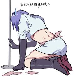  1boy blue_hair boots chinese_commentary commentary_request crop_top crossdressing crossdressing_(mtf) embarrassed gloves james_(pokemon) kneeling nanxi635 pokemon pokemon_(anime) pokemon_(classic_anime) pole pole_dancing shirt team_rocket white_background white_shirt 