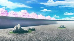 absurdres artist_request blue_sky boulder cherry_blossoms clouds day game_asset garden highres no_humans outdoors rock_garden scenery sky third-party_source touhou touhou_spell_carnival tree 