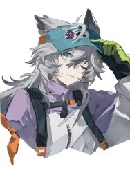  1girl animal_ears arknights commentary cropped_torso gloves green_gloves grey_hair hair_between_eyes hand_on_headwear hand_up highres hongshan_forest_zoo jacket lappland_(arknights) long_hair long_sleeves looking_at_viewer official_alternate_costume purple_jacket scar scar_across_eye scar_on_face shirane1619 simple_background smile solo untranslatable_commentary upper_body visor_cap white_background wolf_ears wolf_girl 