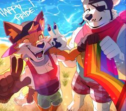  2boys animal_ears artist_name barefoot beach bear_boy bear_ears bisexual_flag_print brown_gloves claws closed_mouth english_commentary english_text eyepatch fangs fennix flag fortnite fox_boy fox_ears fox_tail furry furry_male gloves highres holding holding_flag komoroshi lgbt_pride looking_at_viewer male_focus multiple_boys neckerchief ocean one_eye_covered open_mouth pansexual_flag_print pawpads polar_patroller_(fortnite) progress_pride_flag rainbow_flag red_neckerchief sand scar scar_across_eye scar_on_face shore smile tail v 