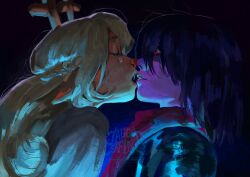  1girl 1other antlers blonde_hair blue_hair closed_eyes commentary deer_girl deltarune english_commentary highres horns imminent_kiss jaggedspine kris_(dark_world)_(deltarune) kris_(deltarune) noelle_holiday noelle_holiday_(dark_world) parted_lips red_eyes reindeer_antlers scarf tears utdr_(toby_fox) 