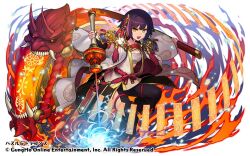  1girl chest_sarashi commentary_request earrings fire hair_ornament holding holding_sheath holding_sword holding_weapon japanese_clothes jewelry kimono looking_at_viewer multicolored_hair nakamura_eight official_art ofuda open_clothes open_mouth pink_hair purple_hair puzzle_&amp;_dragons rope sarashi seina_(p&amp;d) sheath shimenawa short_hair solo streaked_hair sword weapon white_kimono 