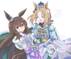  2girls admire_vega_(glacialis_vega)_(umamusume) admire_vega_(umamusume) animal_ears bare_shoulders blonde_hair blue_crown blue_jacket blue_shirt blush breasts brown_hair cape carrying carrying_person closed_eyes closed_mouth commentary_request crown dress ear_through_crown elbow_gloves gloves hair_between_eyes hairband horse_ears horse_girl horse_tail jacket mini_crown mokuroo multicolored_hair multiple_girls narita_top_road_(celestial_road)_(umamusume) narita_top_road_(umamusume) off-shoulder_dress off_shoulder official_alternate_costume open_mouth purple_dress shirt smile streaked_hair tail two-tone_cape umamusume violet_eyes white_dress white_gloves white_hair 