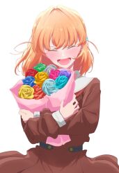  1girl 6th_live_dream_~bloom_garden_party~ :d ^_^ blue_flower blue_rose blush bouquet brown_dress closed_eyes commentary_request dress facing_viewer flower flower_stand_art green_flower green_rose grey_robe hasu_no_sora_school_uniform highres hinoshita_kaho holding holding_bouquet long_sleeves love_live! love_live!_hasu_no_sora_jogakuin_school_idol_club lower_teeth_only neckerchief open_mouth othiwo pink_flower pink_rose pleated_dress purple_flower purple_rose red_flower red_neckerchief red_rose robe rose sailor_collar sailor_dress school_uniform simple_background smile solo teeth virtual_youtuber white_background white_sailor_collar winter_uniform yellow_flower yellow_rose 