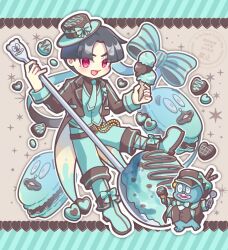  1boy :d alternate_costume aqua_hat aqua_vest black_coat black_hair black_hat blue_ribbon brown_background candy chocolate coat commentary_request food hat heart heart-shaped_chocolate heart-shaped_food holding holding_ice_cream_cone holding_ice_cream_scoop_(utensil) holding_spoon ice_cream ice_cream_cone ice_cream_scoop_(utensil) letterboxed macaron male_focus maruko_gaku otowaika oversized_object red_eyes ribbon short_hair smile spoon the_hundred_line_-last_defense_academy- two-tone_hat vest watermark 