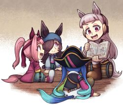  4girls alternate_costume animal_ears aqua_hair bandana barrel beta_2 blue_hair blunt_bangs brown_hair coat commentary_request ear_covers earmuffs gold_ship_(umamusume) gradient_hair grey_hair hair_over_one_eye haru_urara_(umamusume) hat highres horse_ears horse_girl horse_tail long_hair multicolored_hair multiple_girls on_floor open_mouth pink_hair pirate_costume pirate_hat ponytail reading_together red_coat rice_shower_(umamusume) shirt sitting sitting_on_object smile tail twin_turbo_(umamusume) twintails umamusume violet_eyes 