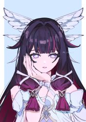  1girl arm_strap artist_name bare_shoulders black_hair blue_background blunt_bangs border bow bowtie collarbone columbina_(genshin_impact) commentary_request criss-cross_halter dress empty_eyes feathered_wings genshin_impact gradient_hair hair_ornament hair_tubes halterneck hand_on_own_face hand_up head_wings highres long_hair long_sleeves looking_at_viewer multicolored_hair multiple_wings off-shoulder_dress off_shoulder outside_border purple_hair sena_ii sidelocks simple_background smile solo teeth two-tone_hair upper_body very_long_hair violet_eyes white_border white_bow white_bowtie white_dress wide_sleeves wings x_hair_ornament 