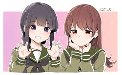  2girls black_hair black_neckerchief blunt_bangs braid brown_hair commentary_request green_sailor_collar green_serafuku green_shirt hair_over_shoulder hair_ribbon kantai_collection kitakami_(kancolle) kitakami_kai_(kancolle) long_hair long_sleeves mochisaka_mitsuki multiple_girls neckerchief ooi_(kancolle) ooi_kai_(kancolle) red_eyes ribbon sailor_collar school_uniform serafuku shirt siblings sidelocks single_braid sisters smile tress_ribbon very_long_hair 