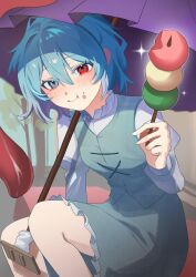  1girl blue_eyes blue_hair blue_skirt blue_vest blush closed_mouth commentary_request dango food food_on_face hair_between_eyes heterochromia highres holding holding_umbrella juliet_sleeves karakasa_obake long_sleeves looking_at_viewer outdoors puffy_sleeves purple_umbrella red_eyes rui45420612 short_hair sitting skirt smile solo tatara_kogasa tongue touhou tree umbrella vest wagashi 