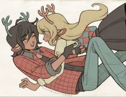  2girls animal_ears antlers blonde_hair brown_hair closed_eyes crying crying_with_eyes_open december_holiday deer_antlers deer_ears deer_girl deltarune design_speculation freckles furry furry_female grunge_(fashion) highres horns multiple_girls noelle_holiday pleated_skirt reindeer_girl shirt siblings sisters skirt smile szivarvanyturmix02 tears tomboy utdr_(toby_fox) vest 