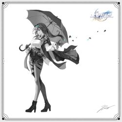  0jae 1girl ankle_boots asymmetrical_footwear boots border breasts butterfly_brooch chest_harness collared_shirt commentary_request copyright_logo eyewear_on_head falling_petals full_body gloves grey_border greyscale hair_between_eyes harness high-waist_shorts high_heel_boots high_heels highres holding holding_umbrella honkai:_star_rail honkai_(series) jacket jacket_on_shoulders kafka_(honkai:_star_rail) korean_commentary large_breasts logo long_hair long_sleeves looking_ahead monochrome open_hand pantyhose pantyhose_under_shorts parted_lips petals ponytail round_eyewear shirt shirt_tucked_in short_shorts shorts sidelocks signature simple_background single_thigh_boot sleeve_garter smile solo spider_web_print spot_color standing sunglasses thigh_boots thigh_strap umbrella uneven_footwear white_background 