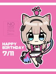  1girl animal_ears apron black_skirt black_thighhighs blue_eyes blunt_bangs brown_cat brown_hair can_(honkai_impact) cat cat_ears cat_girl cat_tail chibi chibi_only commentary_request dated green_eyes happy_birthday heterochromia highres honkai_(series) honkai_impact_3rd ichiko_(ichi_rofeot) jacket looking_at_viewer maid maid_apron official_alternate_costume pardofelis pardofelis_(meowtose_macchiato) pink_eyes pink_jacket shirt short_hair_with_long_locks single_thighhigh skirt smile solo tail thigh-highs white_shirt 