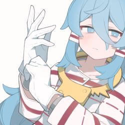  1girl blue_eyes blue_hair blush ch00suke closed_mouth commentary_request cuffs gloves hair_between_eyes hair_tubes handcuffs highres long_hair long_sleeves looking_at_viewer miyadeguchi_mizuchi prison_clothes red_shirt shackles shirt simple_background solo striped_clothes striped_shirt touhou two-tone_shirt upper_body white_background white_gloves white_shirt 