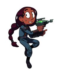  1girl boots braid commentary connie_maheswaran cosplay dark-skinned_female dark_skin discount-supervillain english_commentary fallout fallout_76 gun long_hair solo steven_universe toon_(style) vault_suit voice_actor_connection weapon 