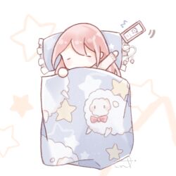  1girl ^^^ alarm_clock blush_stickers cable cellphone chibi chinese_commentary clock closed_eyes commentary_request hair_between_eyes interruption_(echo-023) long_hair lying motion_lines nikki_(nikki) nikki_(series) no_mouth on_back phone pillow pink_hair reaching sheep shining_nikki signature smartphone solo star_(symbol) star_symbol_background under_covers very_long_hair waking_up white_background 