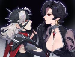  2girls black_hair black_lips breasts earrings goth_fashion jewelry jubilee jubilee_(midnight_mutant) large_breasts lavelis lipstick makeup malice_(sue_storm) marvel marvel_rivals multiple_girls red_eyes short_hair shoulder_spikes spikes sue_storm white_hair 