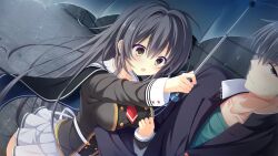  1boy 1girl arm_up back_bow black_eyes black_hair black_jacket bow braid buttons capelet collarbone crying da_capo da_capo_v double-breasted dutch_angle from_above gakuran game_asset grabbing_another's_arm green_shirt hair_intakes highres holding holding_umbrella jacket kisaragi_yuu_(kisaragiyu) long_sleeves miniskirt necktie non-web_source official_art open_collar open_mouth pleated_skirt rain red_necktie road sailor_collar school_uniform shirt side_braid skirt sleeve_cuffs standing street tokisaka_yukina umbrella visual_novel_cg white_sailor_collar white_shirt wide-eyed 