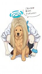  1girl 1other ai-generated animal aqua_nails asuna_(blue_archive) asuna_(school_uniform)_(blue_archive) behind_another black_skirt black_socks blonde_hair blue_archive blue_halo brown_shoes commentary_request dog double_v fingernails full_body golden_retriever halo highres kneeling loafers long_hair looking_at_viewer nail_polish pleated_skirt ponconyan school_uniform shirt shoes simple_background skirt socks v white_background white_shirt 