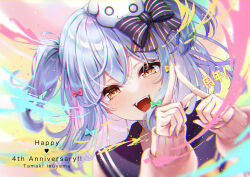 1boy animal_hat black_bow black_dress blue_hair blue_sailor_collar blush bow cardigan colorful_background commentary dog_hair_ornament dog_hat dress dutch_angle english_text engrish_text fingernails hair_bow hair_ornament hat index_fingers_together inuyama_tamaki inuyama_tamaki_(1st_costume) koma_(kkbodkk) long_fingernails long_sleeves looking_at_viewer male_focus milestone_celebration mini_hair_bow nail_polish noripro open_mouth pink_cardigan pink_nails ranguage sailor_collar school_uniform serafuku straight-on striped_bow trap two_side_up upper_body virtual_youtuber yellow_eyes 