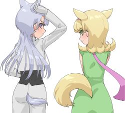  2girls animal_ears blonde_hair blush cat_ears cat_tail commentary_request dress gloves goha_yuuna green_dress green_eyes grey_hair highres jacket kemonomimi_mode long_hair looking_back multiple_girls mutsuba_asaka pants pink_scarf scarf simple_background smile tail white_background white_gloves white_jacket white_pants yu-gi-oh! yu-gi-oh!_go_rush!! yuzutaroman 