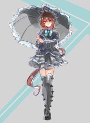  1girl agnes_tachyon_(umamusume) ahoge alternate_costume black_dress black_shoes bow bowtie brown_hair commentary_request dress frilled_umbrella frills gothic_lolita grey_background hands_up highres holding holding_umbrella lolita_fashion looking_at_viewer morimoru413 parasol shoes simple_background sketch smile solo standing straight-on thigh-highs umamusume umbrella 