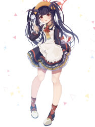  1girl :d apron arm_behind_back black_dress black_hair black_horns blue_archive blunt_bangs blush commentary_request demon_girl demon_horns dress floating_hair frilled_apron frilled_dress frills full_body fuuka_(blue_archive) halo hand_up headscarf highres holding holding_ladle horns kagurazaka_(zwyz7227) ladle long_hair long_sleeves looking_at_viewer necktie open_mouth orange_headscarf puffy_long_sleeves puffy_sleeves red_eyes red_halo red_necktie red_socks shoes short_dress sidelocks simple_background smile socks solo standing twintails two-tone_necktie very_long_hair white_apron white_background white_shoes yellow_necktie 