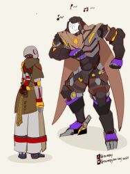  2boys artist_name bluesky_logo bluesky_username closed_eyes commentary dancing eweeppy facing_another full_body highres male_focus multiple_boys musical_note omnic overwatch ramattra_(overwatch) robot robot_boy twitter_logo twitter_username untranslatable_commentary zenyatta_(overwatch) 