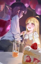  2girls ahoge balloon birthday_cake black_pants blonde_hair blue_shirt brown_eyes cake cho_kaguya-hime! commentary_request cup drinking_glass food fruit highres holding_another's_hair ice ice_cube kaguya_(cho_kaguya-hime!) long_hair multiple_girls open_mouth pants purple_hair sakayori_iroha shirt sidelocks strawberry toake_(user_affe3424) wine_glass yuri 