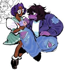  3girls black_hair blush character_request chu_chu_(shoujo_kakumei_utena) colored_skin commentary crossover curly_hair dark-skinned_female dark_skin deltarune denim english_commentary furry furry_female green_eyes highres himemiya_anthy jeans k16is long_hair multiple_girls ootori_gakuen_school_uniform pants purple_hair purple_skin school_uniform short_hair shoujo_kakumei_utena susie_(deltarune) torn_clothes torn_jeans torn_pants utdr_(toby_fox) white_background yuri 