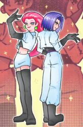  1boy 1girl absurdres black_gloves blue_hair boots chinese_commentary commentary_request crop_top earrings gloves guchenluozaixiaodundalao hair_slicked_back highres james_(pokemon) jessie_(pokemon) jewelry looking_at_viewer looking_back pokemon pokemon_(anime) pokemon_(classic_anime) red_hair smile team_rocket 