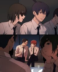  2boys 2girls black_necktie blue_eyes blurry blurry_foreground chainsaw_man coffee_table couch crossed_legs cup earrings eyepatch grey_eyes hayakawa_aki highres himeno_(chainsaw_man) holding holding_cup jewelry long_hair makima_(chainsaw_man) multiple_boys multiple_girls necktie on_couch red_hair sawgak shirt short_hair sitting stud_earrings table talking topknot white_shirt window yellow_eyes 